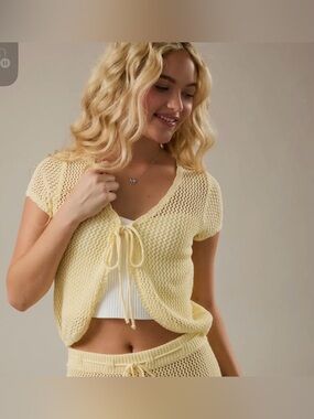 500. Le Lis Butter Yellow Open Knit Tie Front Cropped Sweater s m l